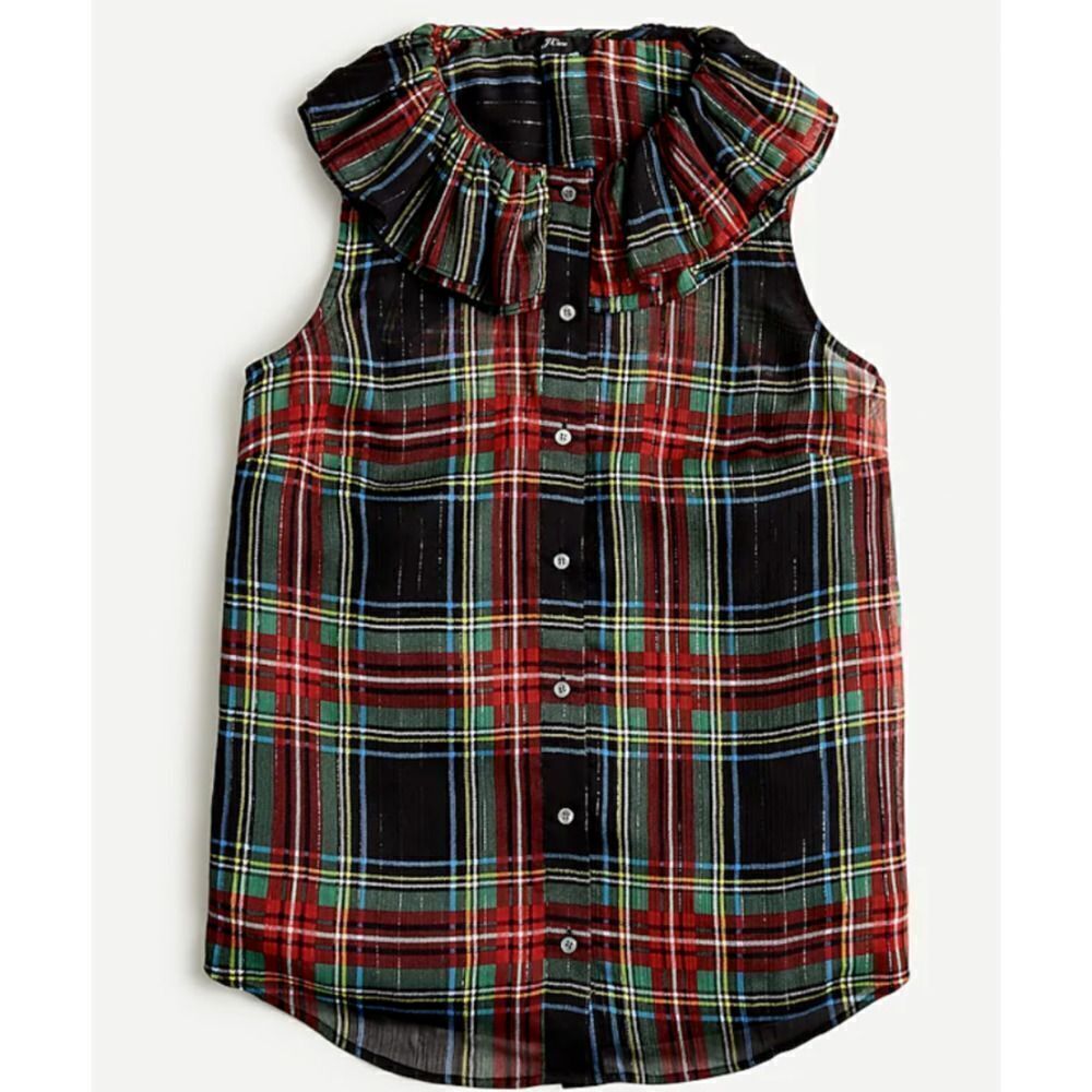 J.CREW Sleeveless Ruffle Collar Top Black Stewart Tartan Plaid Blouse XSMALL - Picture 2 of 9
